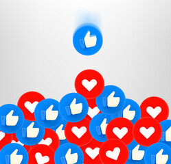 Thumb up and heart social media reaction 3d buttons falling down