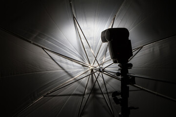 Photo flash and umbrella for photography. Studio lighting. 