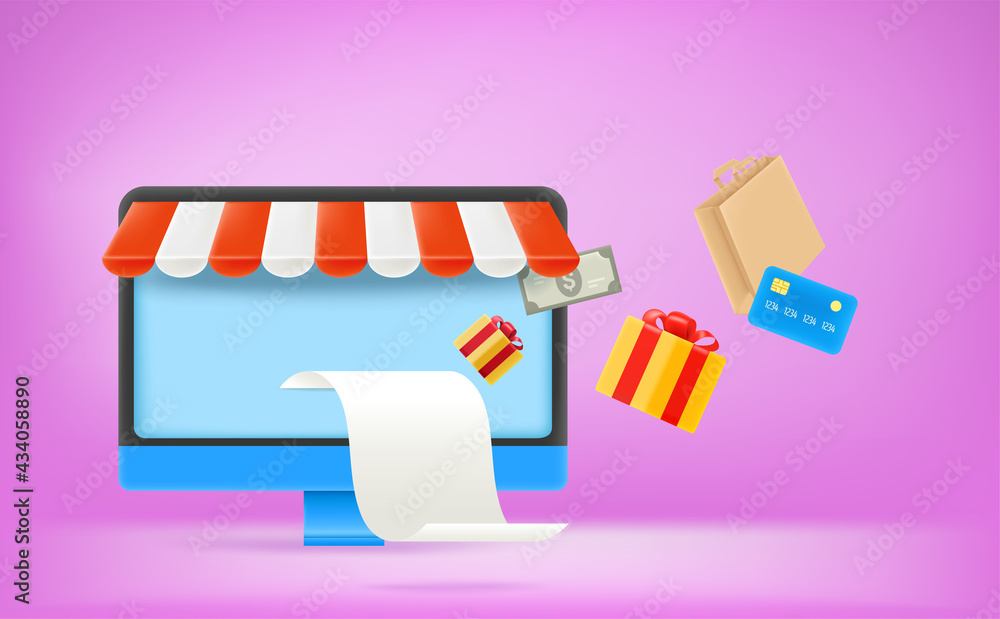 Poster modern computer with paper check. online shopping concept