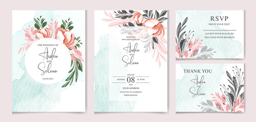 Wedding invitation template set with soft watercolor floral frame and border decoration. rose flower and green leaves botanic illustration for card composition design.