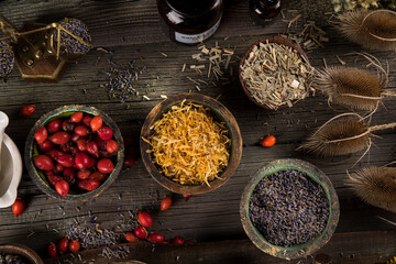 Natural remedy,Herbal medicine and wooden table background
