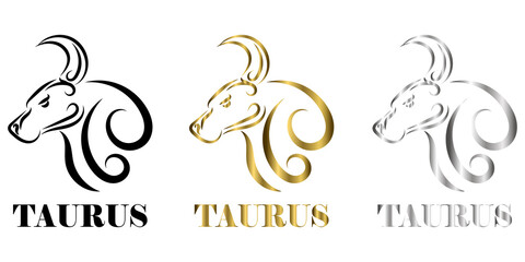 Obraz premium Line Vector Illustration of Bull It is signs of the taurus zodiac three tree color black gold silver