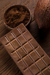 Chocolate bar, candy sweet, cacao beans and powder