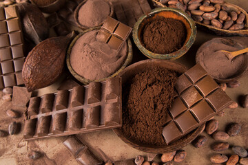 Chocolate sweet, cocoa pod and food dessert background