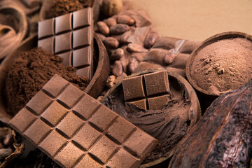 Chocolate sweet, cocoa pod and food dessert background