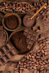Chocolate bar, candy sweet, cacao beans and powder