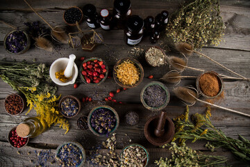 Natural remedy, mortar and herbs