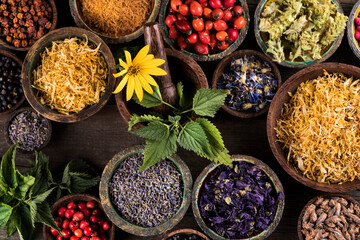 Natural remedy and wooden table background