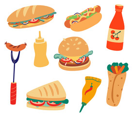 Fast food set. Collection of fast food such as burger, sandwich, sausage in dough, grilled sausage, ketchup, wasabi, mustard, shawarma. Icon Food Set. Flat vector cartoon illustration