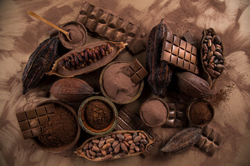 Chocolate sweet, cocoa pod and food dessert background