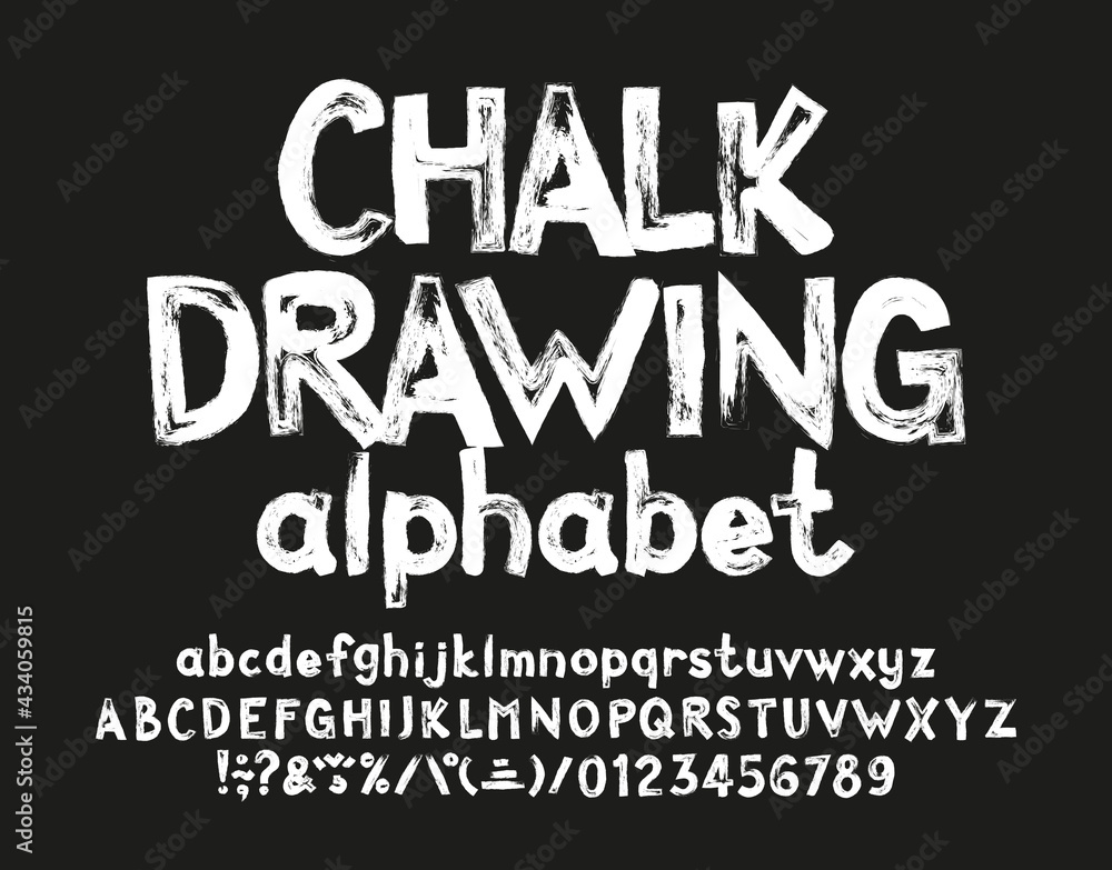 Poster chalk drawing alphabet font. hand drawn uppercase and lowercase letters, numbers and punctuation. st