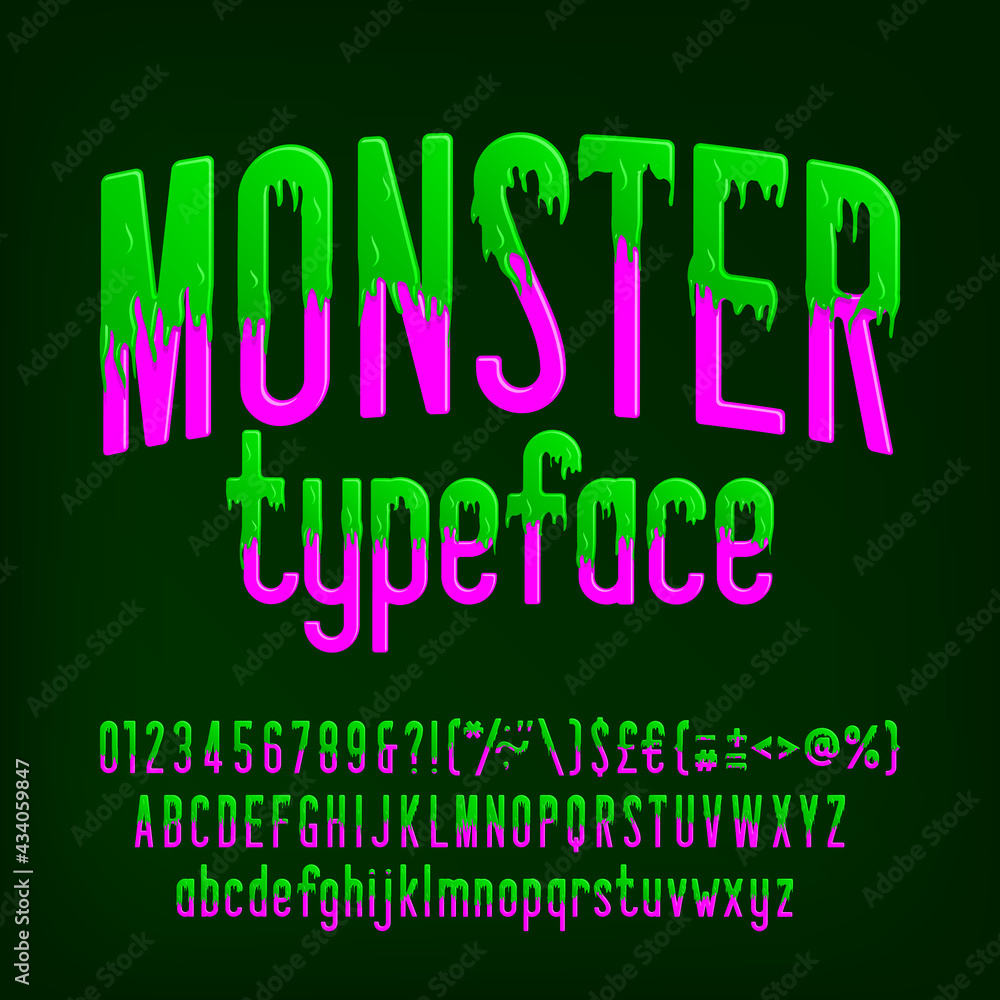 Fototapete monster alphabet font. slime letters, numbers and punctuation. stock vector typography for your desi