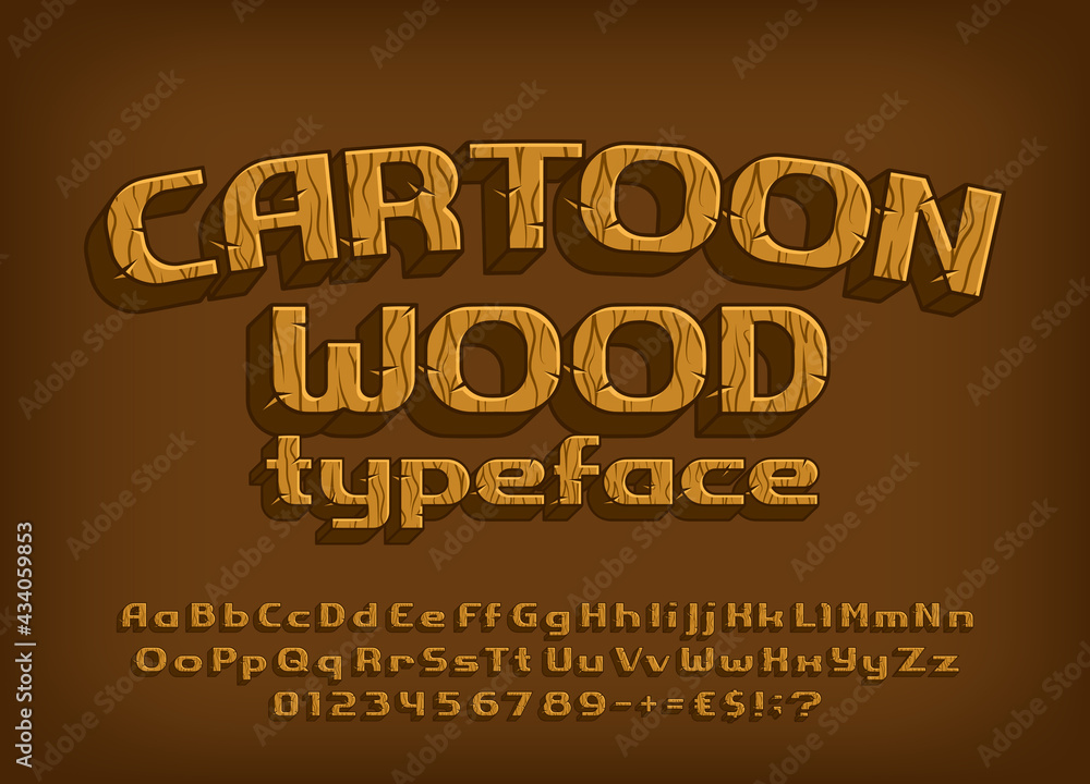 Fototapete cartoon wood alphabet font. letters and numbers and punctuation. uppercase and lowercase. stock vect