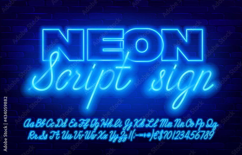 Poster neon script sign font. blue neon color letters and numbers and punctuation. uppercase and lowercase.