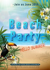 Vector summer party banner template with exotic flowers and tukan bird. Vertical orientation. © Real Vector