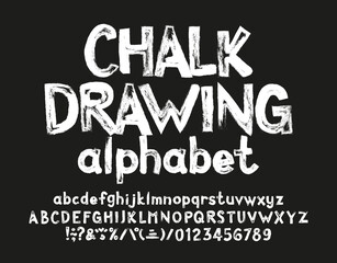 Chalk Drawing alphabet font. Hand drawn uppercase and lowercase letters, numbers and punctuation. Stock vector typeface for your typography design.