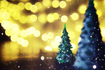 Winter holiday background with frozen fir, glitter lights, bokeh. Christmas and New Year holiday background with copy space.