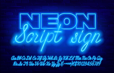Neon script sign font. Blue neon color letters and numbers and punctuation. Uppercase and lowercase. Brick wall background. Stock vector typescript for your design.