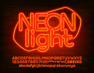 Neon light alphabet font. Orange neon letters, numbers and punctuation. Uppercase and lowercase. Stock vector typescript for your design.