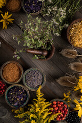 Natural remedy and wooden table background