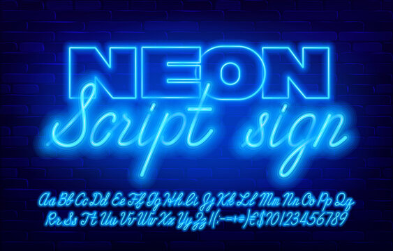 Neon Script Sign Font. Blue Neon Color Letters And Numbers And Punctuation. Uppercase And Lowercase. Brick Wall Background. Stock Vector Typescript For Your Design.