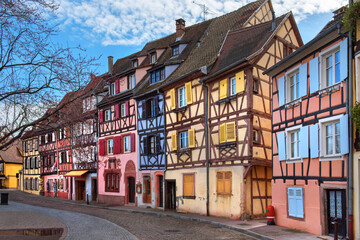 Colourful half-timbered houses in Colmar, Alsace, France - obrazy, fototapety, plakaty