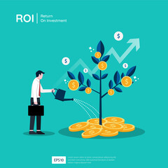 Plant money tree illustration for investment concept. Income rate increase with businessman character and dollar symbol. Business profit performance of ROI
