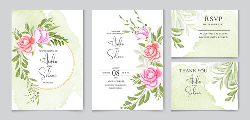 Greenery wedding invitation template set with soft watercolor floral frame and border decoration. rose flower and green leaves botanic illustration for card composition design.