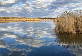 Lake with clouds reflection at spring