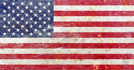 Naklejka premium Faded USA national flag banner pattern isolated on rusty mottled iron wall background, abstract design grunge US old glory concept texture wallpaper for decoration