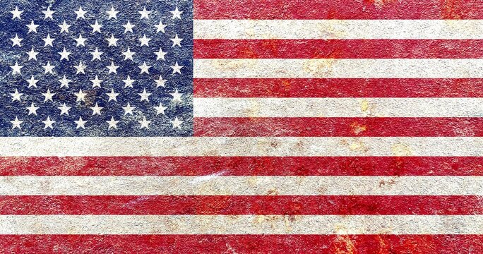 Faded USA national flag banner pattern isolated on rusty mottled iron wall background, abstract design grunge US old glory concept texture wallpaper for decoration