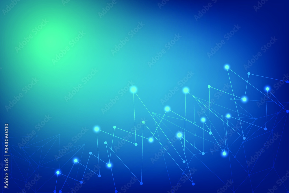 Poster abstract technology background with network wire of line and dot connection on green blue blank spac