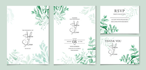 Fototapeta na wymiar set of watercolor wedding invitation card templates. With beautiful green leaves botanic illustration for card composition design.