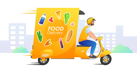 Yellow retro fast delivery car, truck with stickers food, groceries and courier, city on white background. Vector illustration for design, flyer, poster, banner, web, advertising.