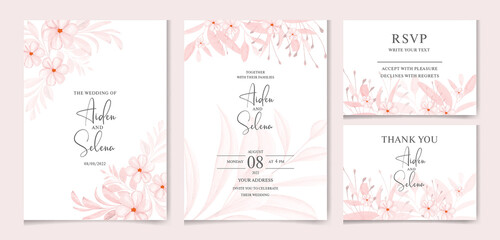 Creamy wedding invitation template set with soft watercolor floral frame and border decoration. Flowers and creamy leaves botanic illustration for card composition design.