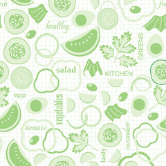 sliced vegetables and words in collage - light green seamless vector background with salad ingredients