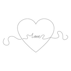 Heart drawn by one line. The word love in the center of the heart. Illustration of St. Valentine's Code.