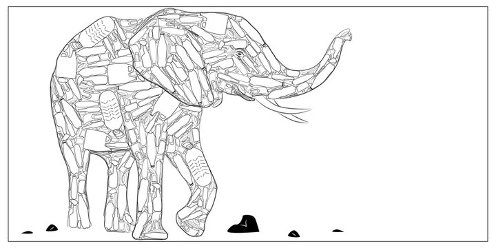 Elephant outline. Plastic trash. A black and white sketch to illustrate the environmental issues associated with plastic waste.