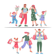 Obraz na płótnie Canvas Set characters of happy families of shoppers - parents and children with shopping bags at sale. Father, mother and children with bags in shopping mall, cartoon vector illustration isolated on white.