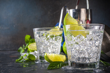 Summer paloma cocktail, vodka lime, mojito or gin tonic with lime wedge and crushed ice in rocks,...