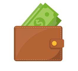 Wallet icon. Brown wallet with green paper money. Wallet with money dollar bank note. Vector illustration. - obrazy, fototapety, plakaty