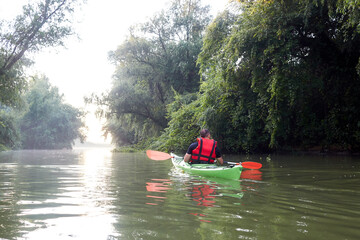 Back view on man in green kayak paddles at wilderness river near trees at foggy summer morning