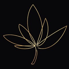 Gold linear abstract flower lotus plant. Decorative golden element Isolated in black background. Branding, visit card logo.