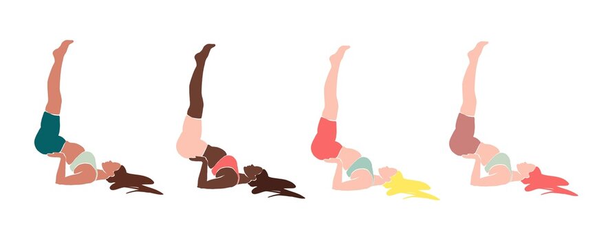 Set Young girl yoga posing. Flat style illustration. African American girl