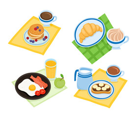 Cartoon set with different types of breakfast isolated on white