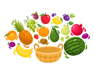 Vector illustration of cartoon different healthy fruits in basket