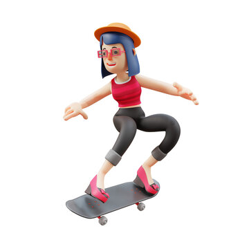 3D Cute Lady Cartoon Illustration playing a skateboard