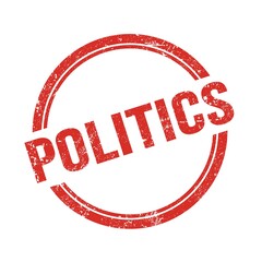 POLITICS text written on red grungy round stamp.
