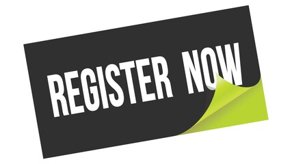 REGISTER  NOW text on black green sticker stamp.
