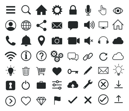 Web application interface icon collection. Internet page and website vector symbol set. Search, home, settings, account, lock and info button sign. Cogwheel, magnify, wi-fi and user profile logo.